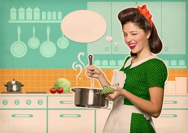 Young housewife cooking soup in her kitchen room with speech bub