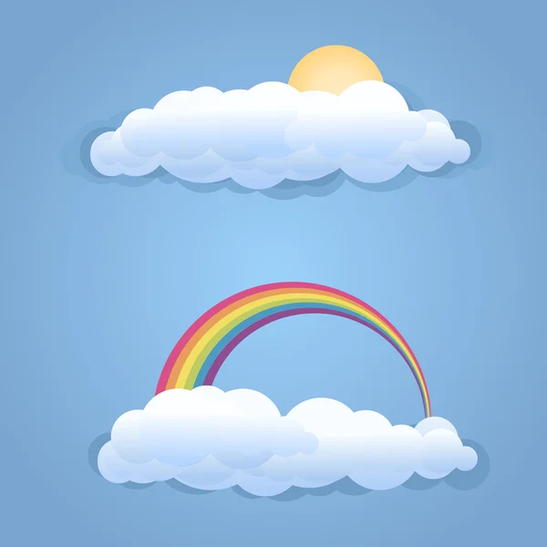 Wolken mit Sonne und Regenbogensymbol isoliert — Stockvektor