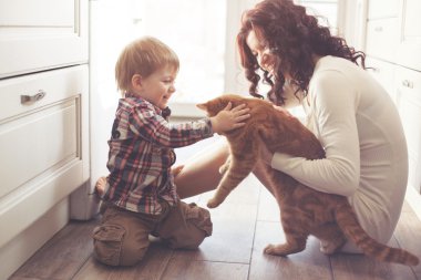 Anne ve çocuk kedi ile oynarken