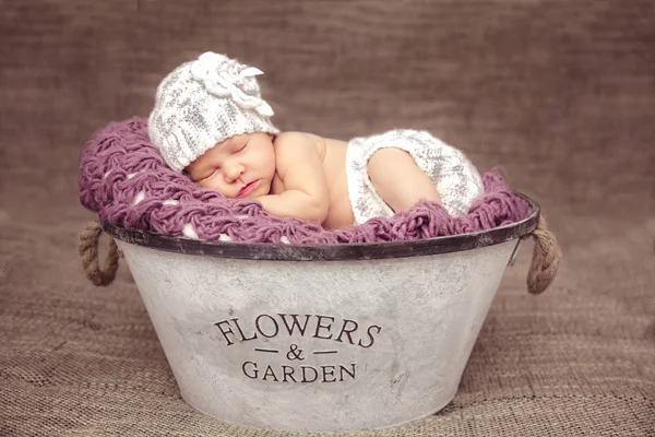 Γλυκό όνειρο νεογέννητο μωρό σε ένα μεγάλο καλάθι Royalty Free Εικόνες Αρχείου