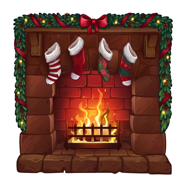 Christmas Fireplace Isolated White Vector Illustration — Stock Vector