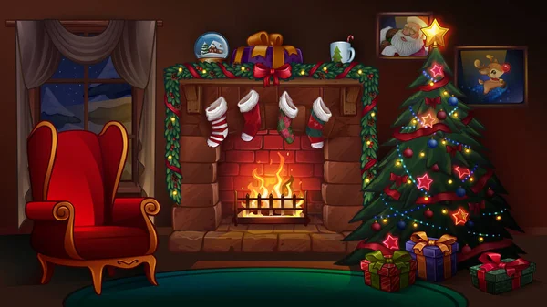 Sala Navidad Con Chimenea Ilustración Vectorial Vector de stock