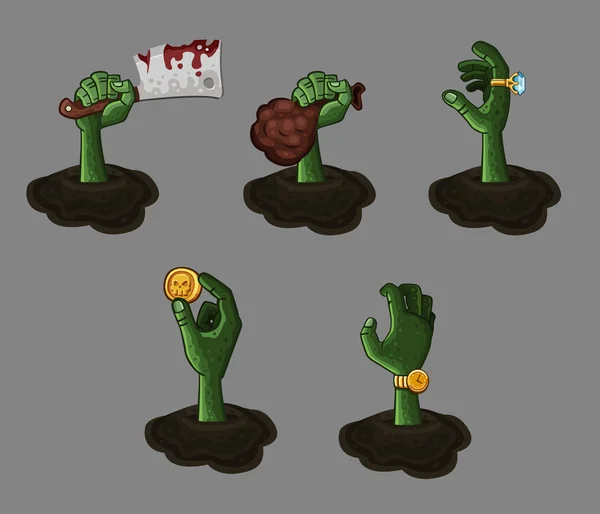 Cinque mani zombie cartone animato — Vettoriale Stock