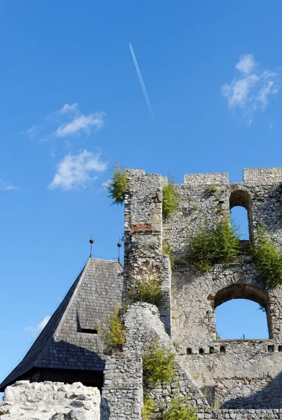 Contrail do avião a jato acima da ruína do castelo medieval de Celje na Eslovênia — Fotografia de Stock