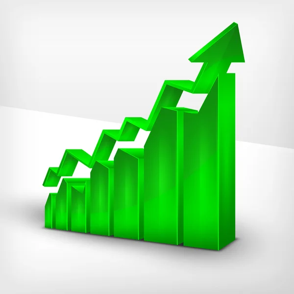 Gráfico estadístico verde con flecha en blanco. Ilustración vectorial — Vector de stock