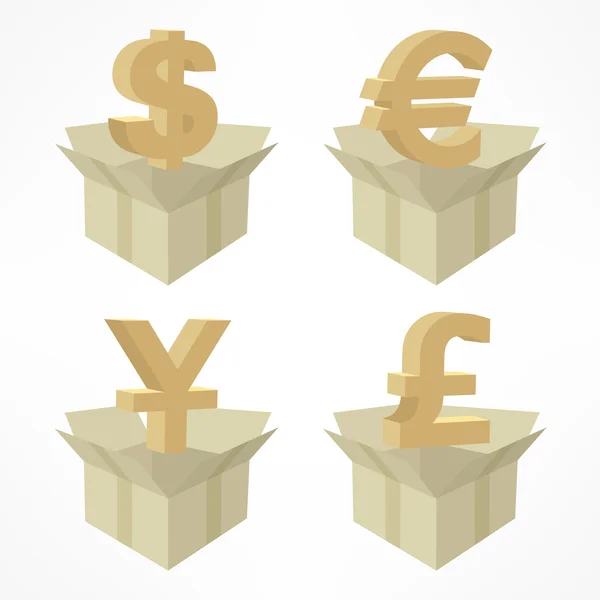 Signos de dinero en cajas — Vector de stock