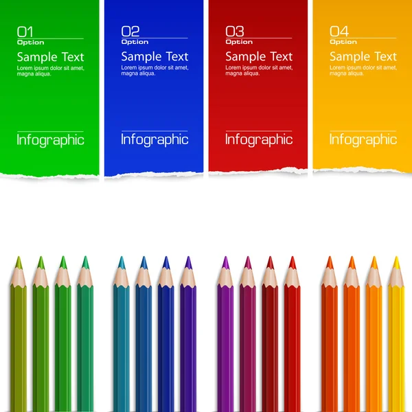 Cuatro lápices de color y papel desgarrado con texto — Vector de stock