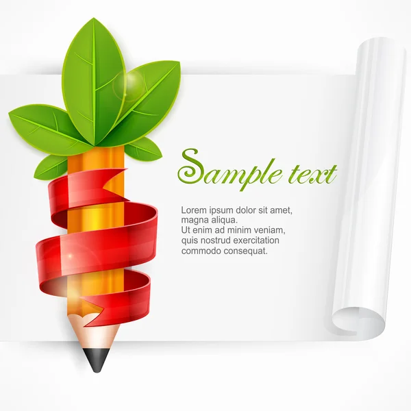 Pencil with leaves and ribbon — Stock Vector