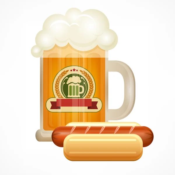 Taza de vidrio de cerveza y salchicha — Vector de stock