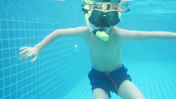 Garçon plonge dans la piscine, tir sous-marin — Video