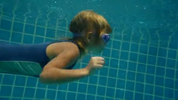 6 år gammel jente stuper i bassenget, skyter under vann. – stockvideo