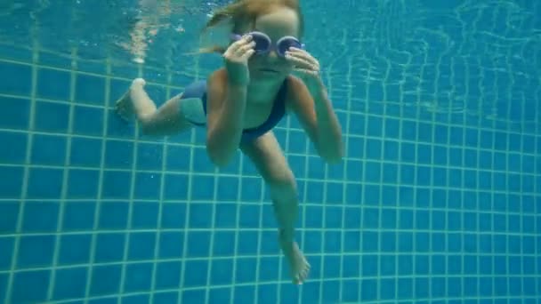 6 år gammel jente stuper i bassenget, skyter under vann. – stockvideo