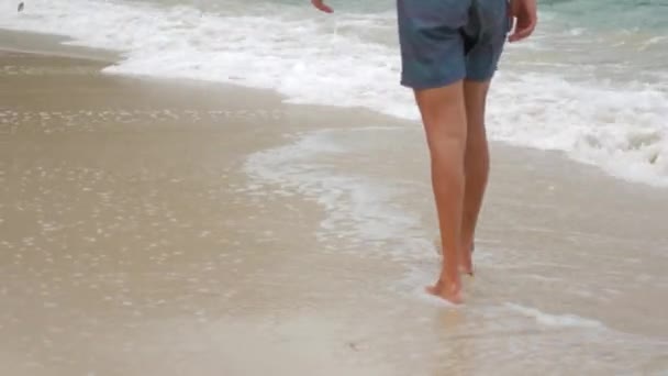 Caminar a lo largo de la costa del mar en olas entrantes — Vídeos de Stock