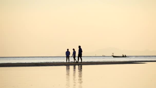 夕阳西下的人们沿着浅滩边的唾沫散步 — 图库视频影像