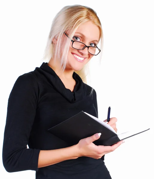 Sekretärin in Brille mit Notizbuch — Stockfoto
