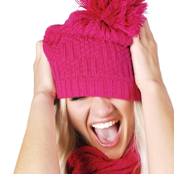 情感模型在粉色的帽子 — 图库照片