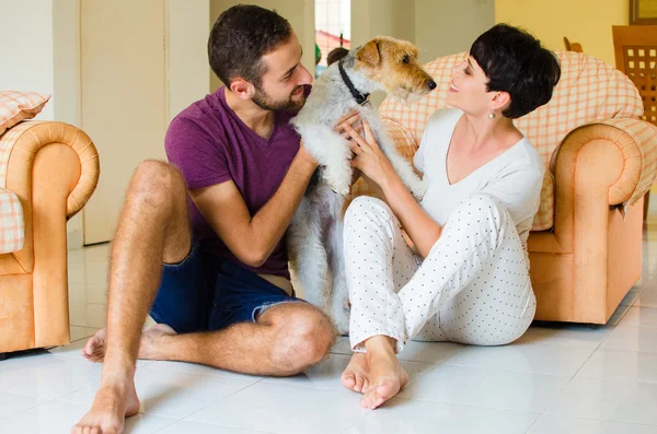 Pequeña familia y perro — Foto de Stock