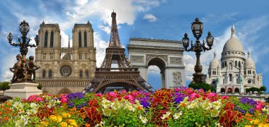 Travel background. Symbols of Paris: Eiffel Tower, Cathedral of Notre Dame de Paris, Sacre Coeur Basilica, Arc de Triomphe, Street lamps of Alexandre III bridge