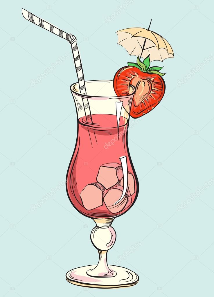 Hand Drawn Illustration Of Tropical Red Strawberry Daiquiri Cocktail Vintage Party Invitation Card Hand Drawn Illustration Of Tropical Red Strawberry Daiquiri Cocktail Vintage Party Invitation Card