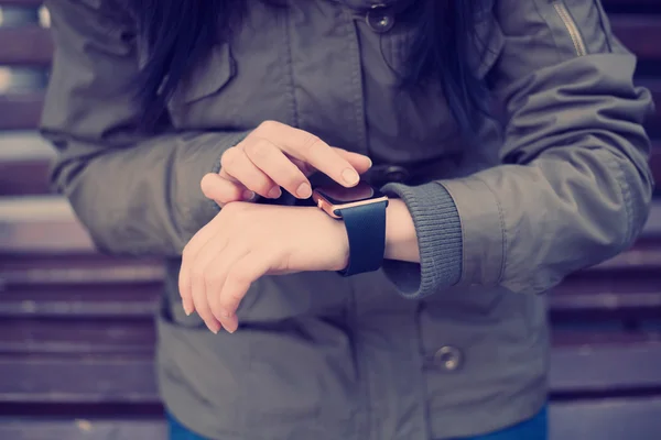 Female using trendy smart watch — Stock Photo, Image