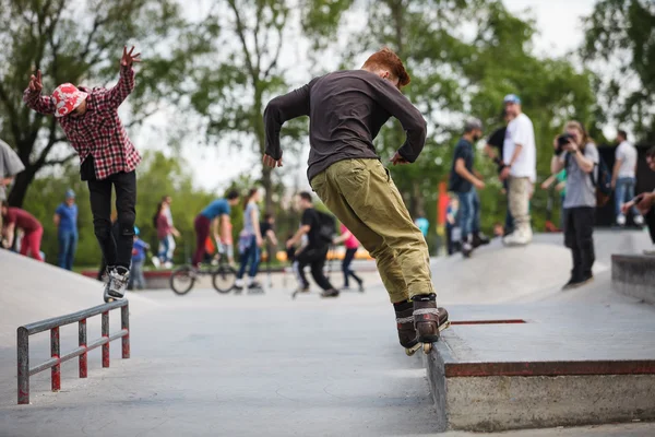 Roller Blader Grinding On Rail Skatepark Stock Photo 525113458