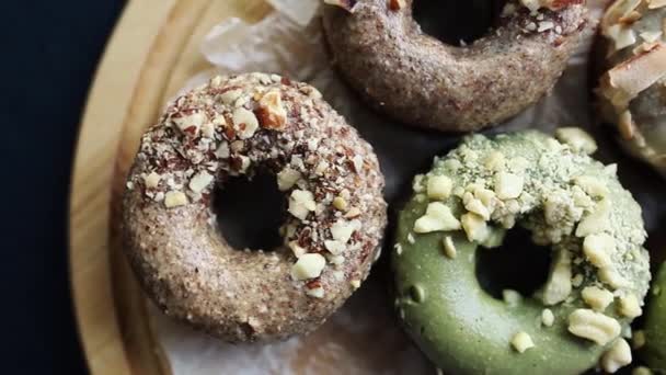 Fresh Donuts Breakfast Dessert Food Lunch Delicious Glazed Doughnuts Almond — Stock Video