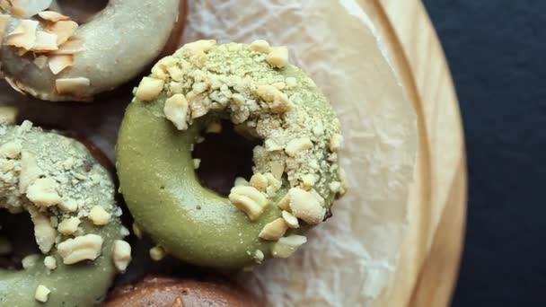 Fresh Donuts Breakfast Dessert Food Lunch Delicious Glazed Donghnuts Almond — стоковое видео