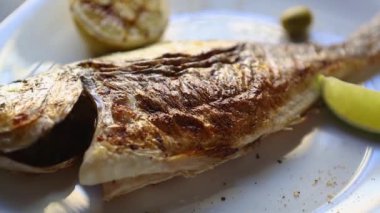 Deniz ürünleri lokantasında ızgarada pişmiş levrek balığı. 