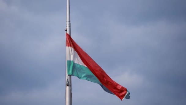 Hungarian National Flag Waving Wind Installed Pole Parliament Budapest — Stock Video