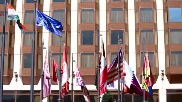 Bandiere Internazionali Pali Vicino Edificio Del Parlamento Dell Ungheria Nel — Video Stock