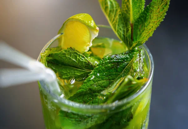 Ένα Ποτήρι Δροσιστικό Ποτό Μοχίτο Λεμόνι Λάιμ Φρέσκα Φύλλα Μέντας — Φωτογραφία Αρχείου