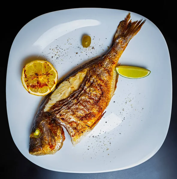Grilled Sea Bass Flat Lay Delicous Dorado Fish Cooked Grill — Stock Photo, Image