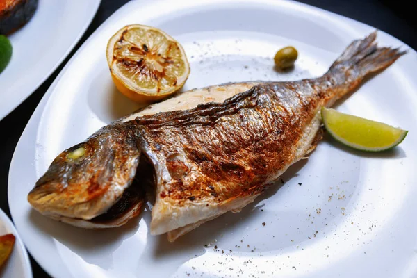 Delicious Sea Bass Fish Cooked Grill Seafood Restaurant Gourmet Dorado — Stock Photo, Image