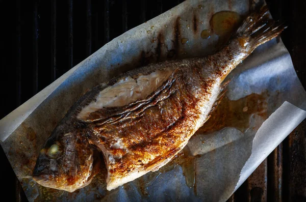 Whole Dorada Fish Cooking Seafood Restaurant Kitchen Grill Pan Shot — Stock Photo, Image