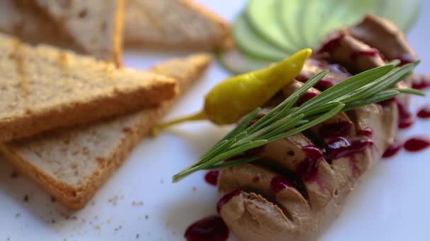 Mousse Foie Gras Feita Fígado Pato Para Jantar Restaurante Riletes — Vídeo de Stock