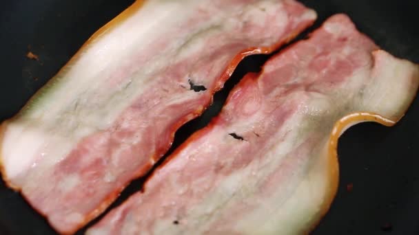 Bacon Stripes Frying Pan Dinner Home Kitchen Filmed Close Video — Stock video