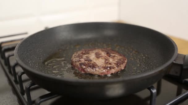 Fritura Costeleta Hambúrguer Close Footage Ground Carne Vaca Cozinhar Para — Vídeo de Stock