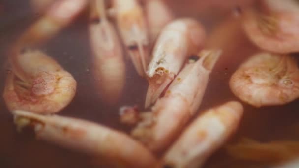 在热水中烹调美味的虾仁 在厨房里为传统的西班牙海鲜海鲜饭海鲜饭煮粉色海虾 — 图库视频影像
