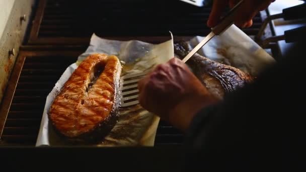 Šéf Vaří Steak Lososa Grilu Restauraci Mořskými Plody Lahodné Červené — Stock video