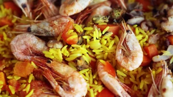 Kochen Spanische Paella Gericht Mit Reis Nahaufnahme Videoclip Köstliche Mediterrane — Stockvideo