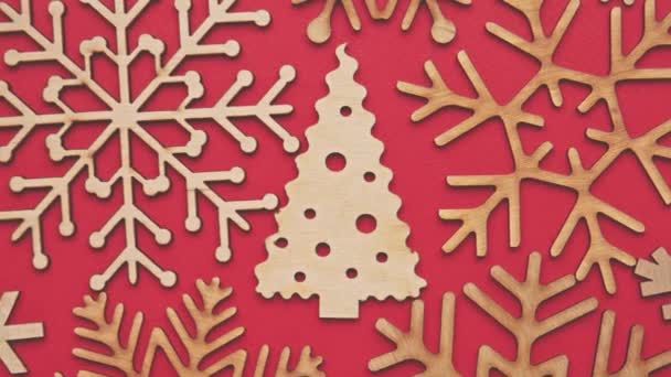 Dřevěné Vánoční Stromky Sněhové Vločky Natáčené Plochém Stylu Ležely Přímo — Stock video