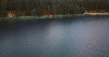 Ukrayna 'daki Blue Lakes doğal tatil köyünün insansız hava aracı videosu. Uçan İHA kamerası yukarıdan mavi su ve yeşil ormanın görüntülerini çeker. Avrupa 'da seyahat hedefi
