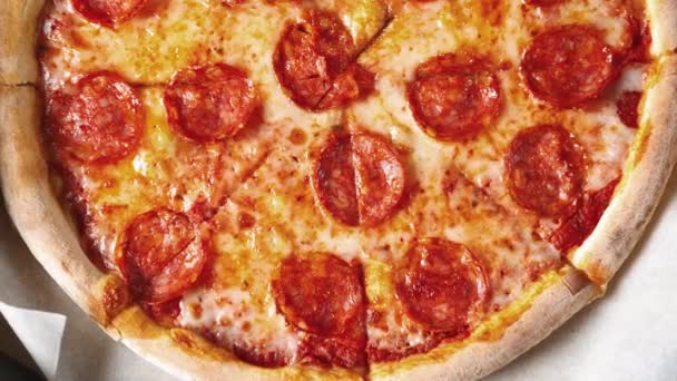 Delicious Italian Pepperoni Pizzas Delivery Filmed Directly Flat Lay Style — Stock Video