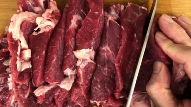 Chef Cut Beef Steak Meat Cutting Board Flat Lay Video — Stock Video