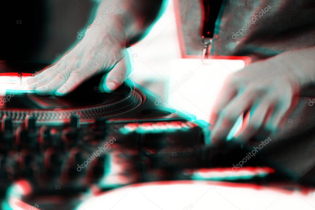 Party dj scratches vinyl records with hip hop music on vintage turn table player.Illustration edited with 3d stereo effect.Hands of concert disc jockey scratching record on retro turntables 