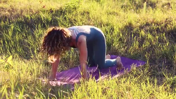 漂亮的年轻女子穿着蓝色的紧身衣在室外的垫子上做瑜伽锻炼 美丽的白发姑娘在日落时独自在绿地公园里工作 女性健康和力量生活方式概念 — 图库视频影像