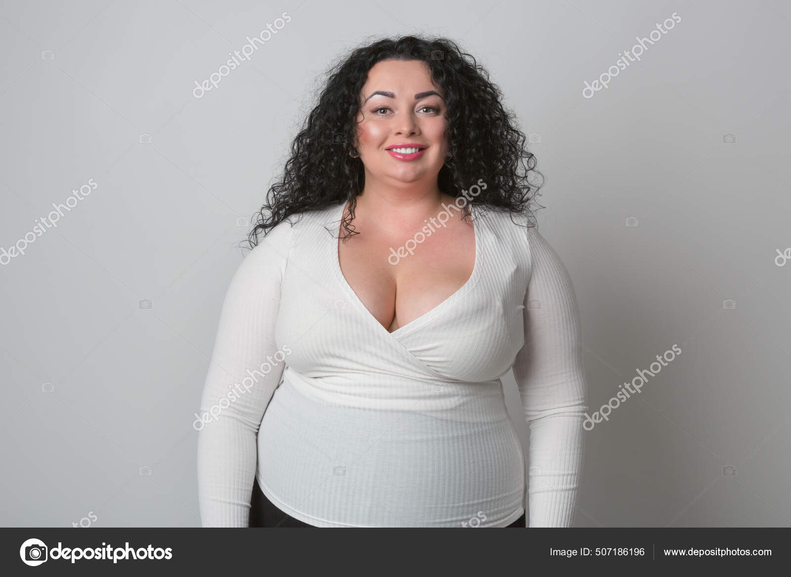 Overweight Young Woman Big Breast Wearing White Shirt Deep