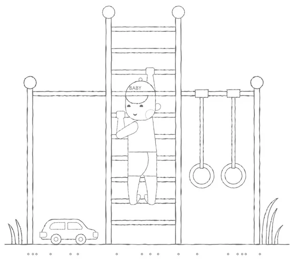 Kids Activities Outline Illustration Boy Playing Playground Stairs — Stockový vektor