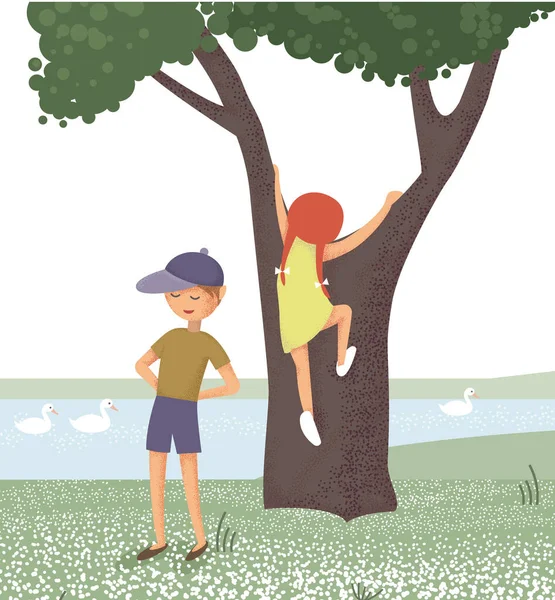 Bambini Che Giocano Sul Prato Con Gli Alberi Illustrazione Vettoriale — Vettoriale Stock