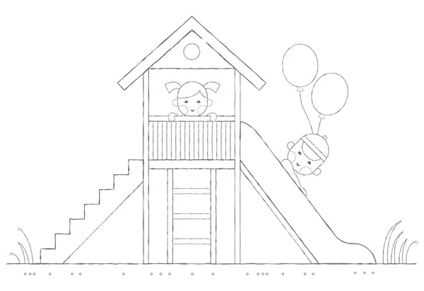 Kids Activities Outline Illustration Children Played Slide — Stockový vektor